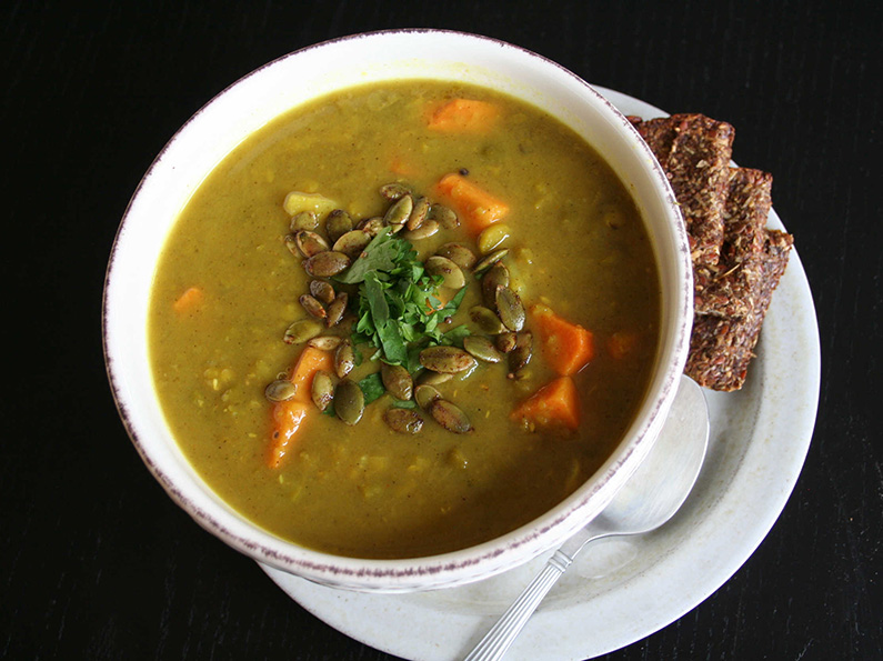 Split Pea and Sweet Potato Curry Soup with Super Seed Crackers